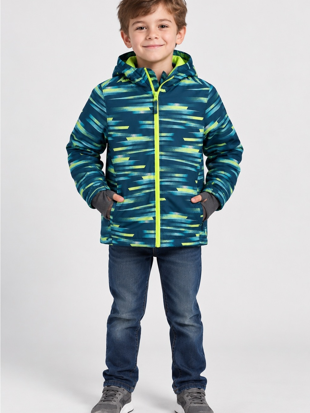 Lands’ End Kids Size 6–7 Teal Lime Striped Hooded Winter Jacket